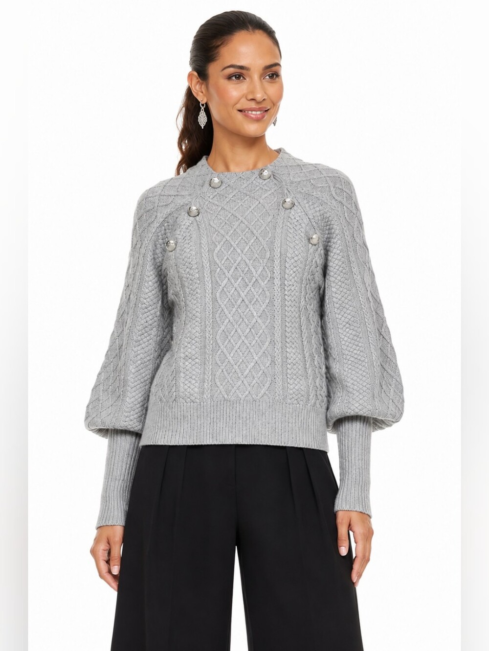 Veronica Beard S Metallic Silver Cable Knit Wool Cashmere Sweater $598